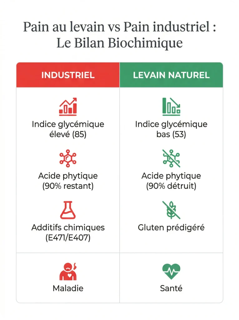 Tableau récapitulatif comparant l'index glycémique, l'acide phytique et les additifs du pain au levain et industriel.