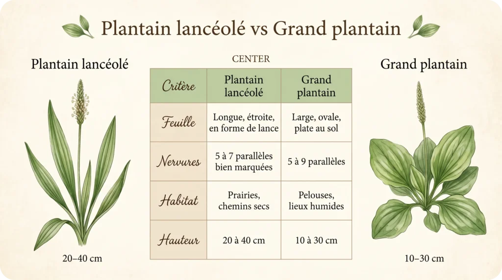 Comparaison botanique entre plantain lancéolé et grand plantain : forme des feuilles et nervures