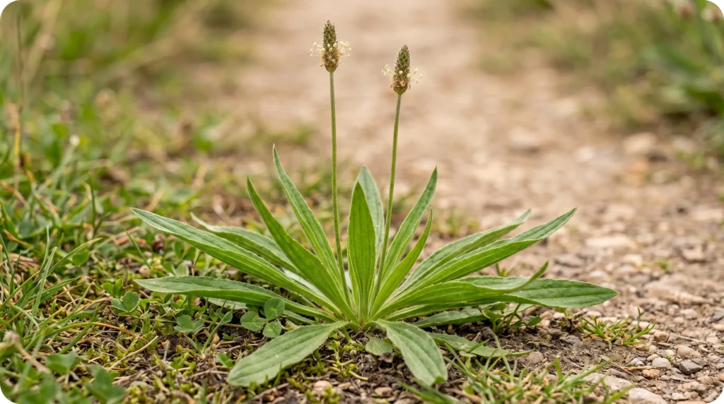 Feuille de plantain lancéolé en gros plan sur un chemin de campagne ».''