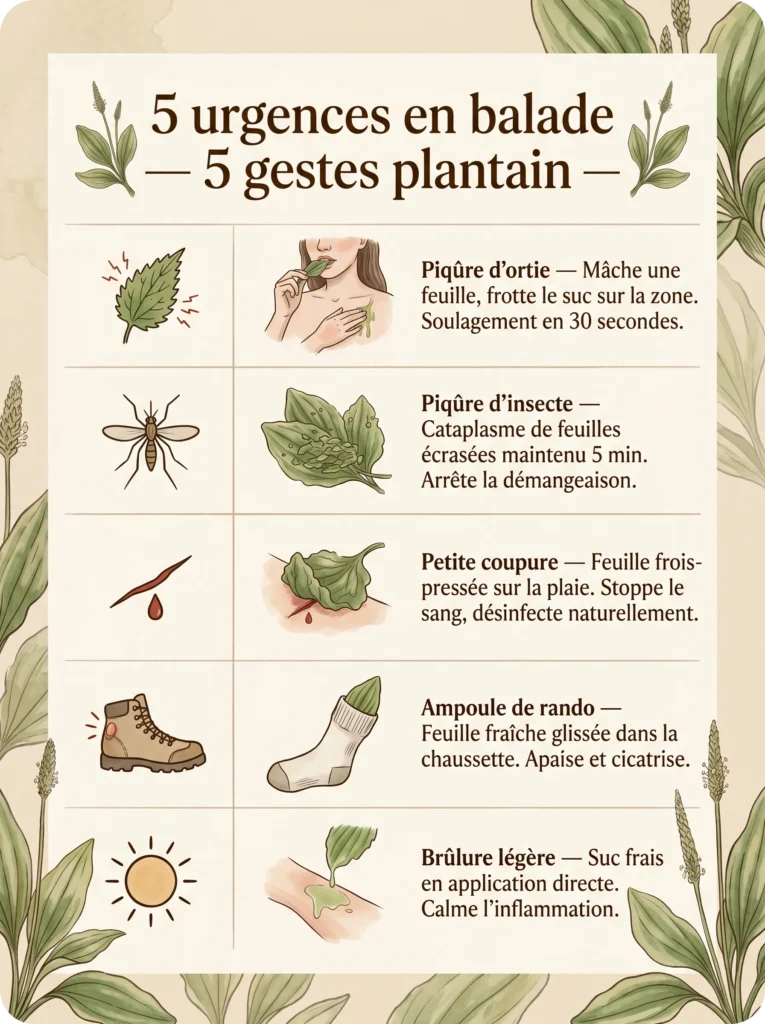 Infographie laplumverte : 5 utilisations urgentes du plantain en balade — piqûre, coupure, ampoule, brûlure