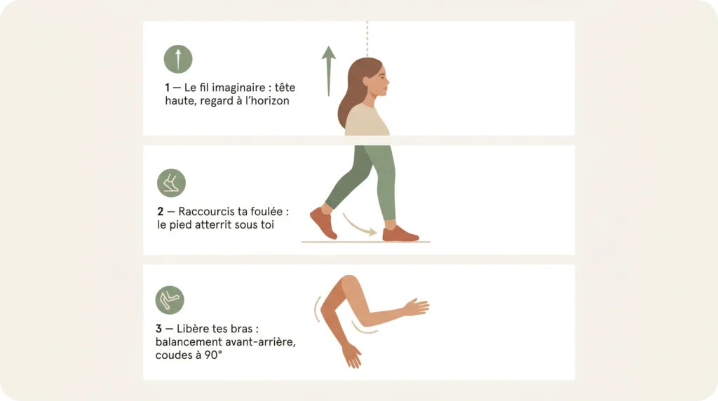 Schéma des trois réflexes pour marcher sans douleur : fil imaginaire pour la tête, foulée courte sous le corps et balancement des bras à 90 degrés.