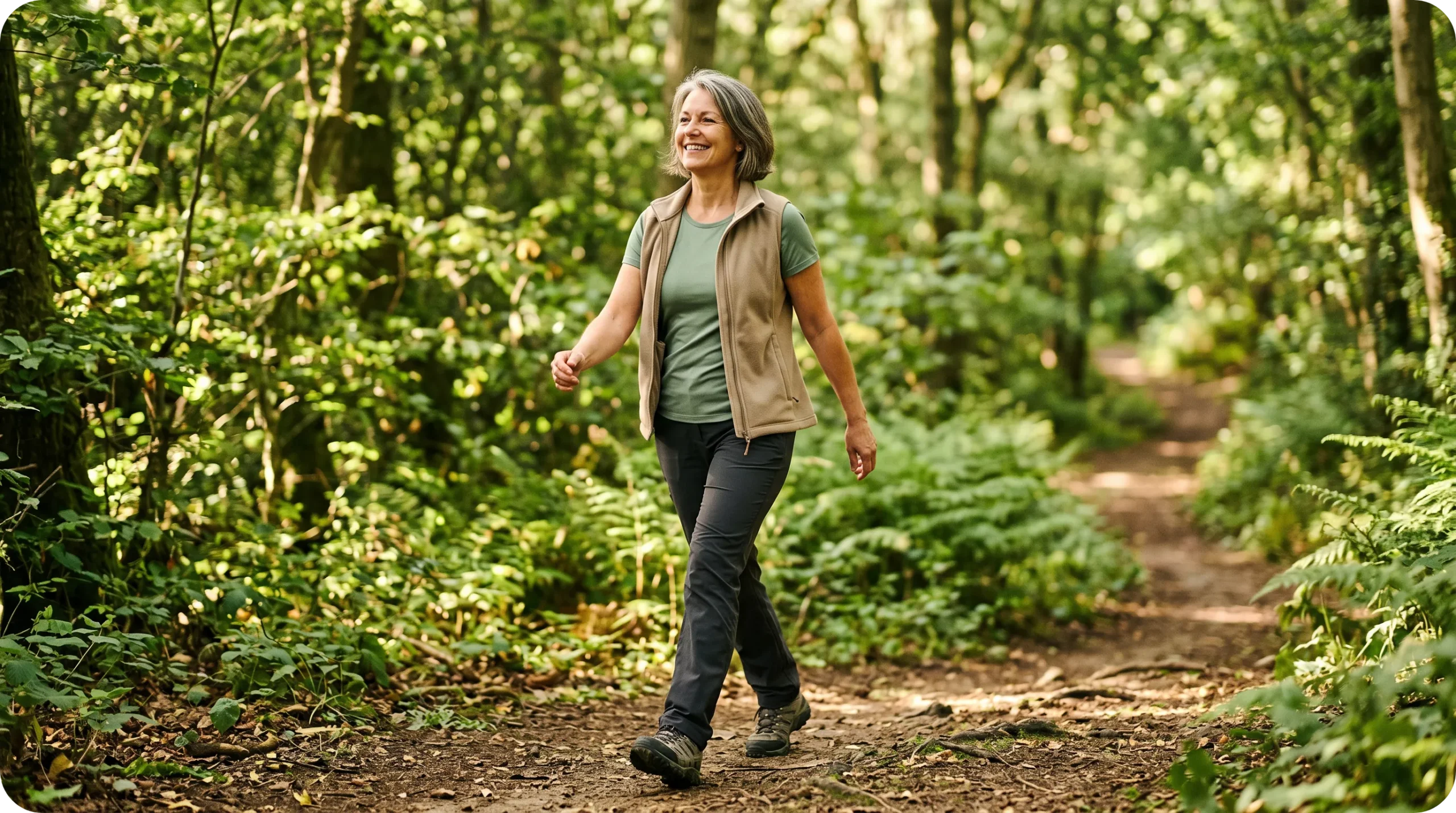 Femme souriante pratiquant une marche active en forêt avec une posture droite et un regard porté vers l'horizon.