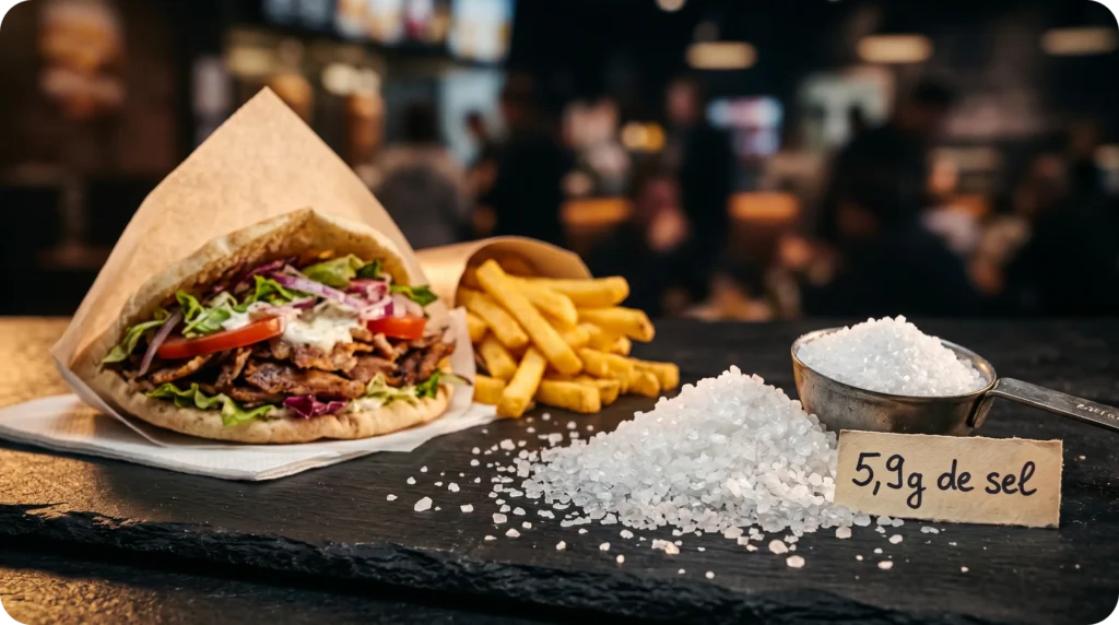Un menu kebab posé à côté d'une pile de 5,9 grammes de sel marin illustrant l'apport excessif en sodium.