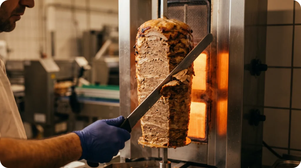 Gros plan sur une broche de viande de kebab industrielle à la texture lisse et homogène en cours de découpe.