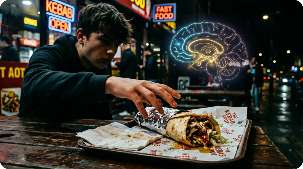 Un adolescent devant un kebab avec une superposition graphique montrant le circuit de la récompense et le cortex préfrontal.