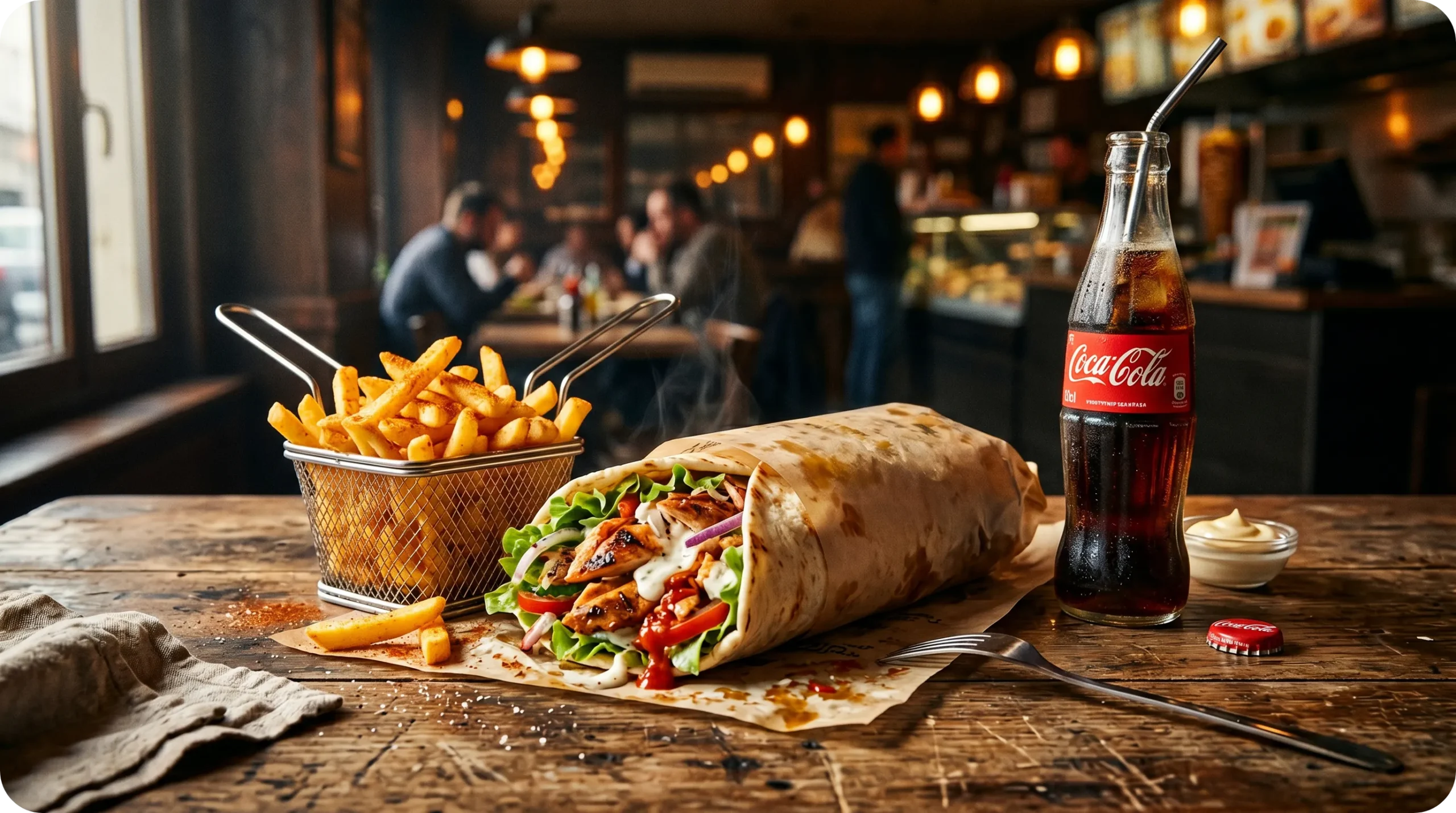 Un menu kebab complet avec frites et soda sur une table en bois dans un fast-food.