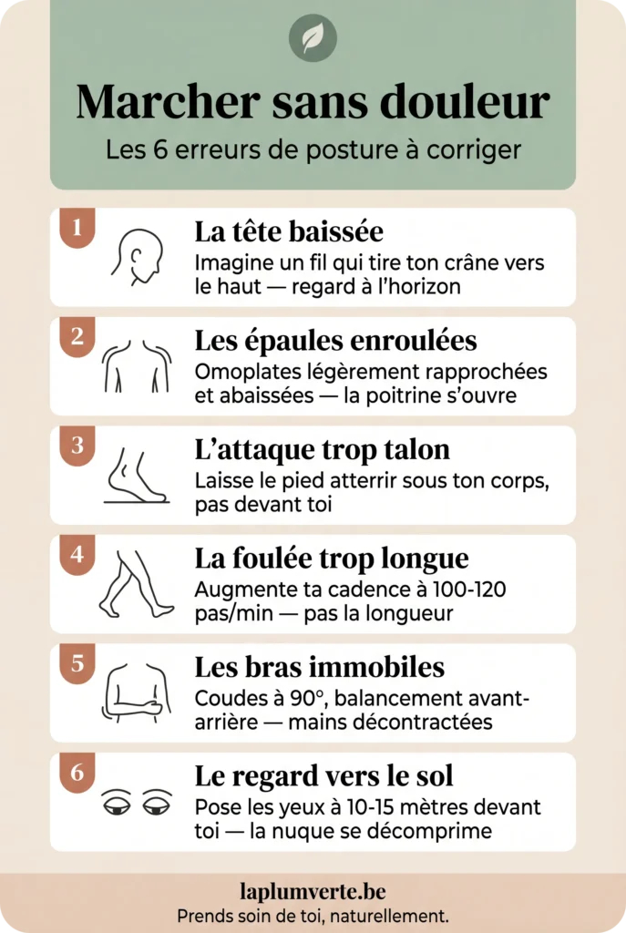 Infographie listant les 6 erreurs de posture à corriger pour marcher sans douleur : tête, épaules, pieds, foulée, bras et regard.