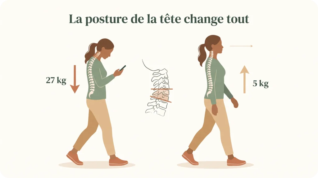 Schéma comparatif montrant la charge de 27 kg sur les cervicales avec la tête baissée contre 5 kg avec une posture droite.