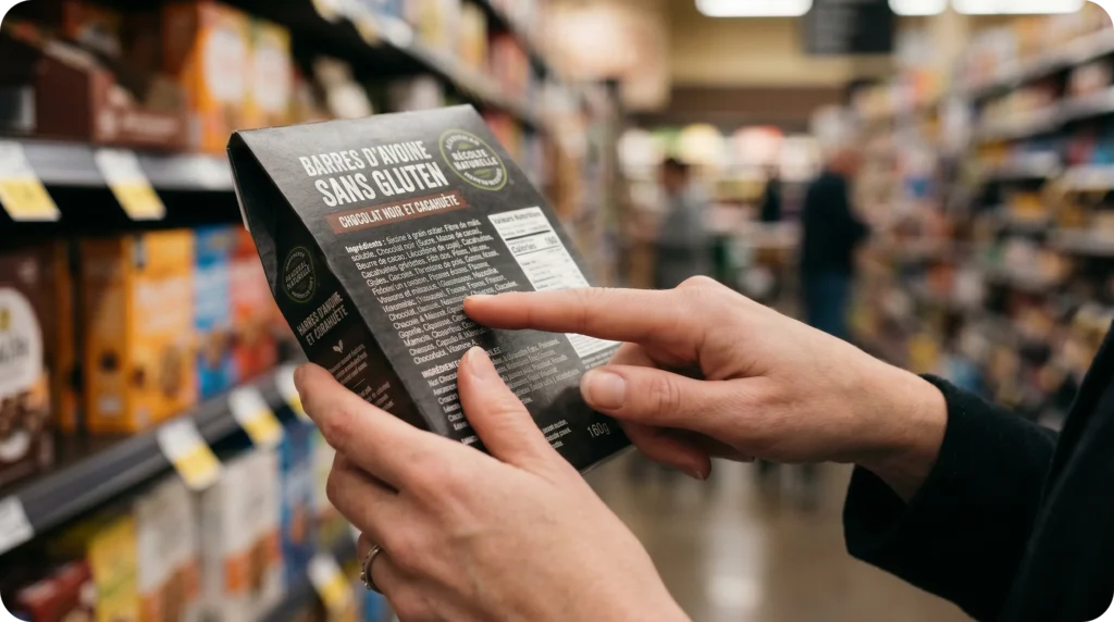 Gros plan sur les mains d'un consommateur désignant la liste des ingrédients au dos d'un paquet de barres d'avoine sans gluten dans un supermarché.
