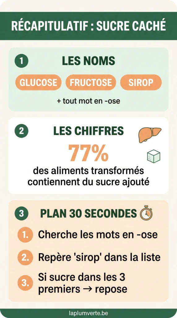 Infographie de synthèse LaPlumeVerte intitulée Récapitulatif Sucre Caché structurée en trois sections nommées Les Noms, Les Chiffres et Plan 30 secondes.