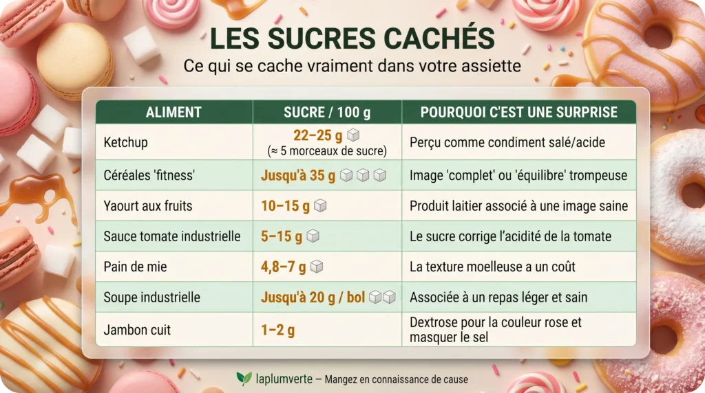 Infographie LaPlumeVerte présentant un tableau des sucres cachés pour 100 grammes dans les aliments transformés comme le ketchup, les céréales et le jambon cuit.